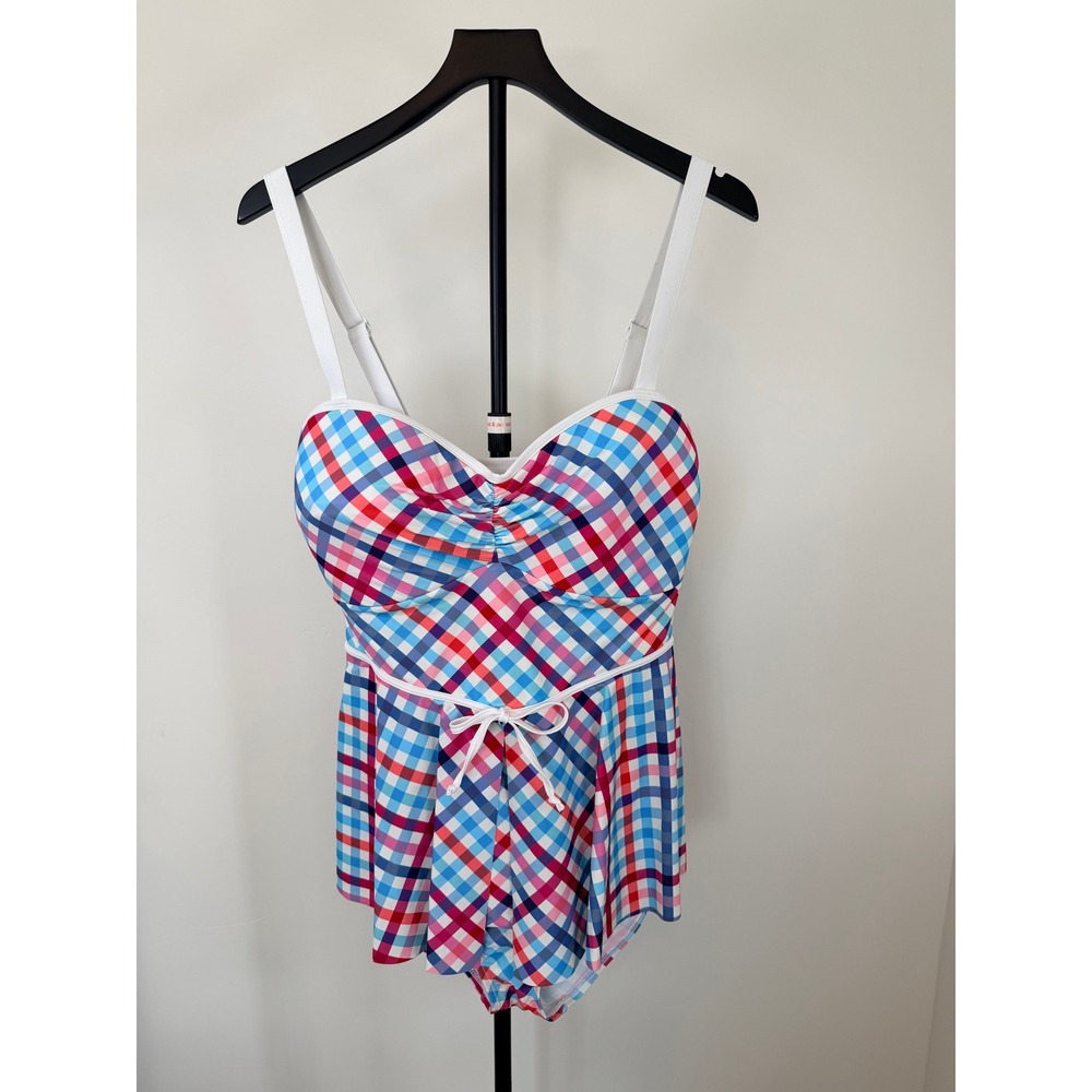 Unique Vintage Plaid Swim Dress One Piece Swimsuit Blue Red White 1X Retro
